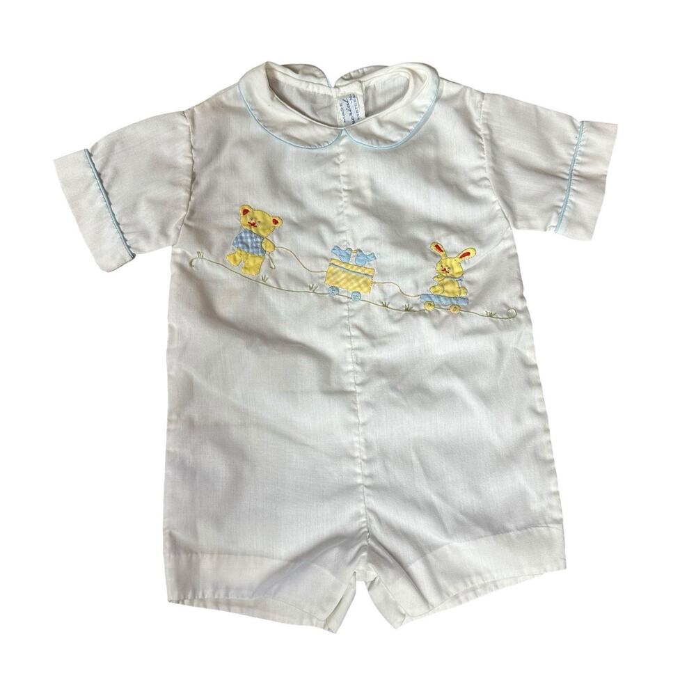 Vtg Imperial Baby Boy One Piece Romper White Bunny Bear Wagon Birds 0-3 M?